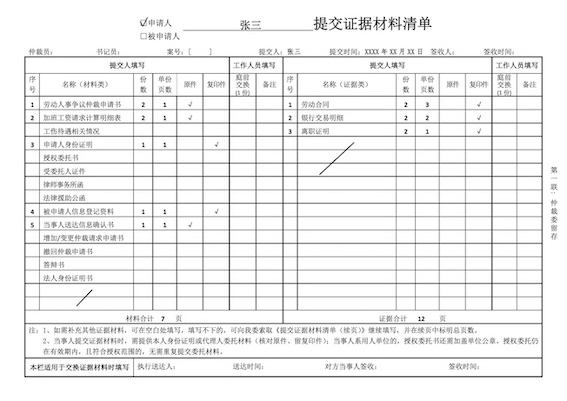 提交證據(jù)材料清單填寫(xiě)樣本
